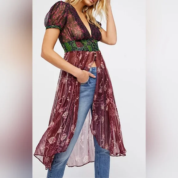 Free People Daisy Fields Sheer Floral Maxi Tunic Dress Size XS - Picture 2 of 10